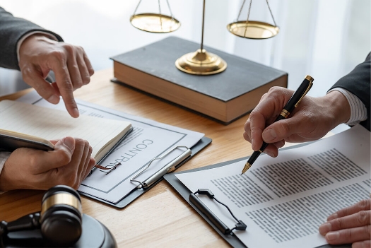 Two lawyers discussing a contract, reviewing legal documents with the scales of justice and a gavel on the table.