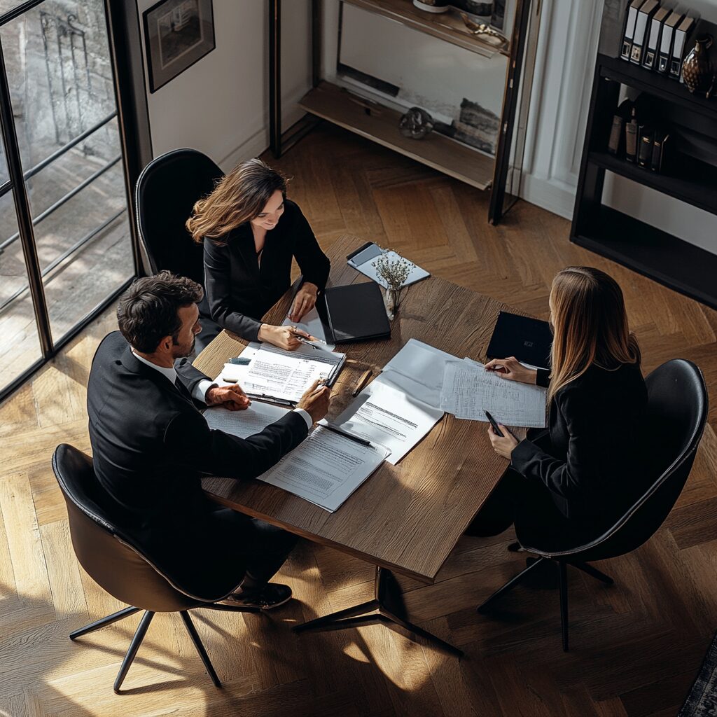 Three lawyers in formal attire collaborating at a conference table, reviewing legal documents in a modern office with natural light.