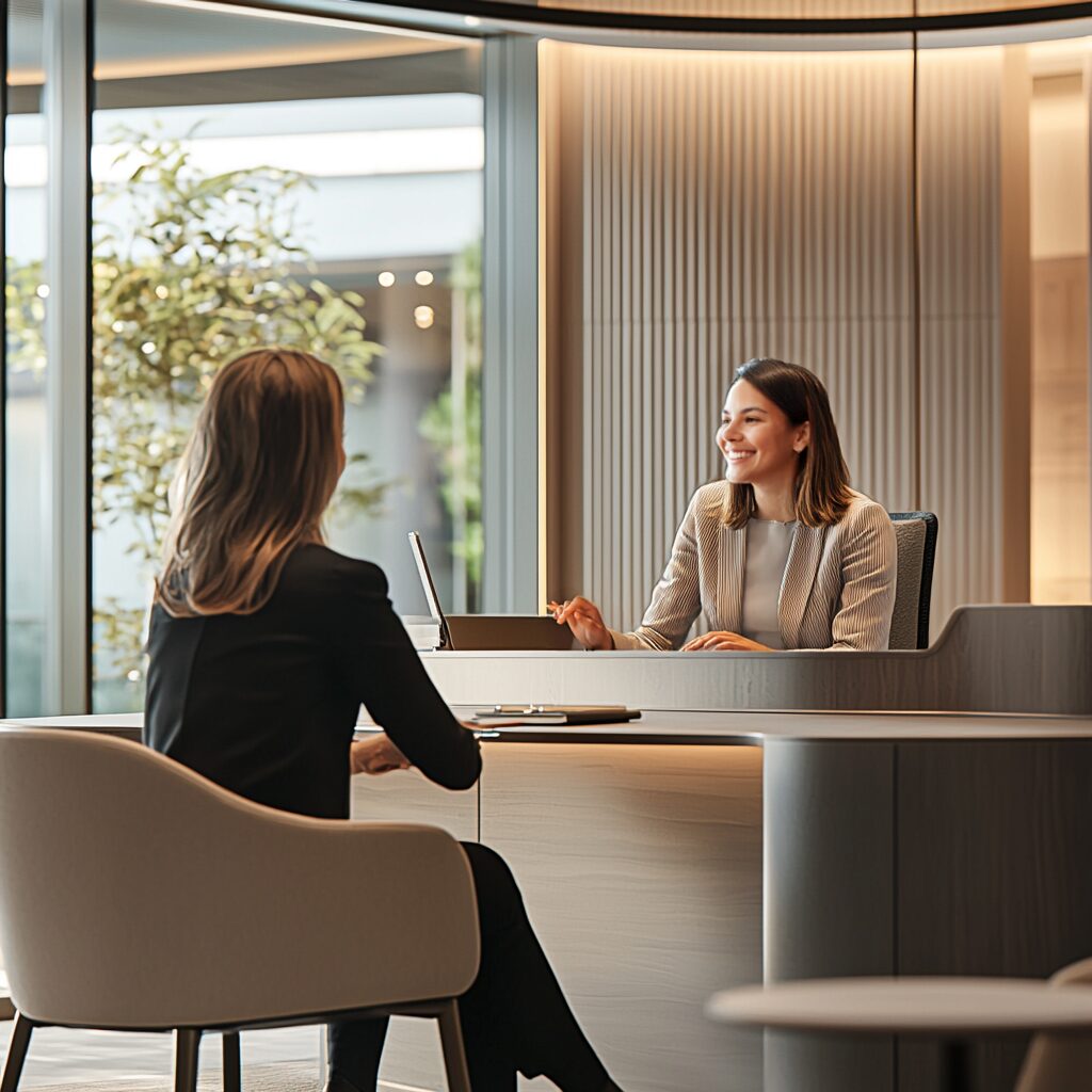 A friendly receptionist assisting a client at a sleek, modern office reception desk with natural lighting.