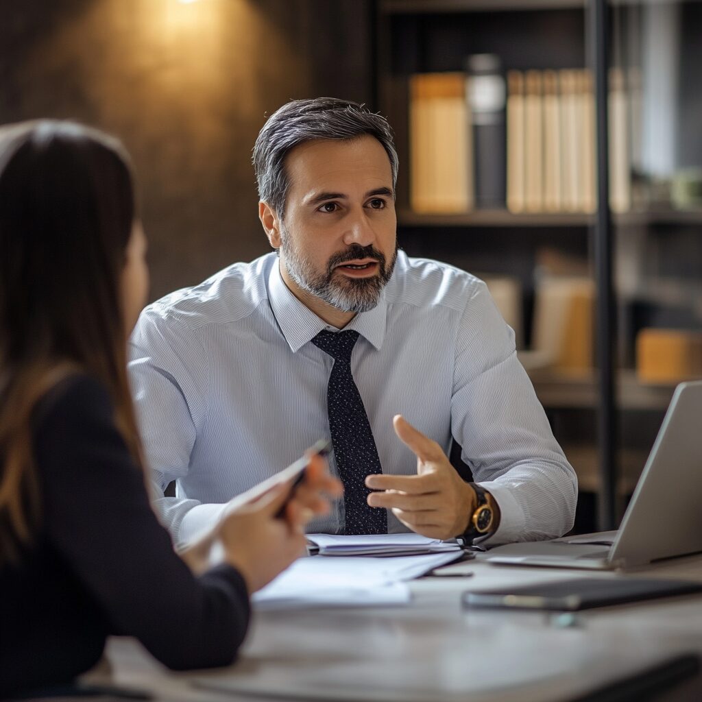 A lawyer in a professional setting consulting with a client, discussing legal matters and taking notes.