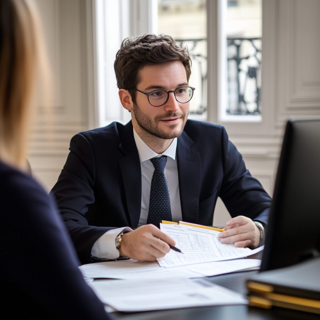 A lawyer in a suit and glasses reviewing legal paperwork with a client in a bright office.