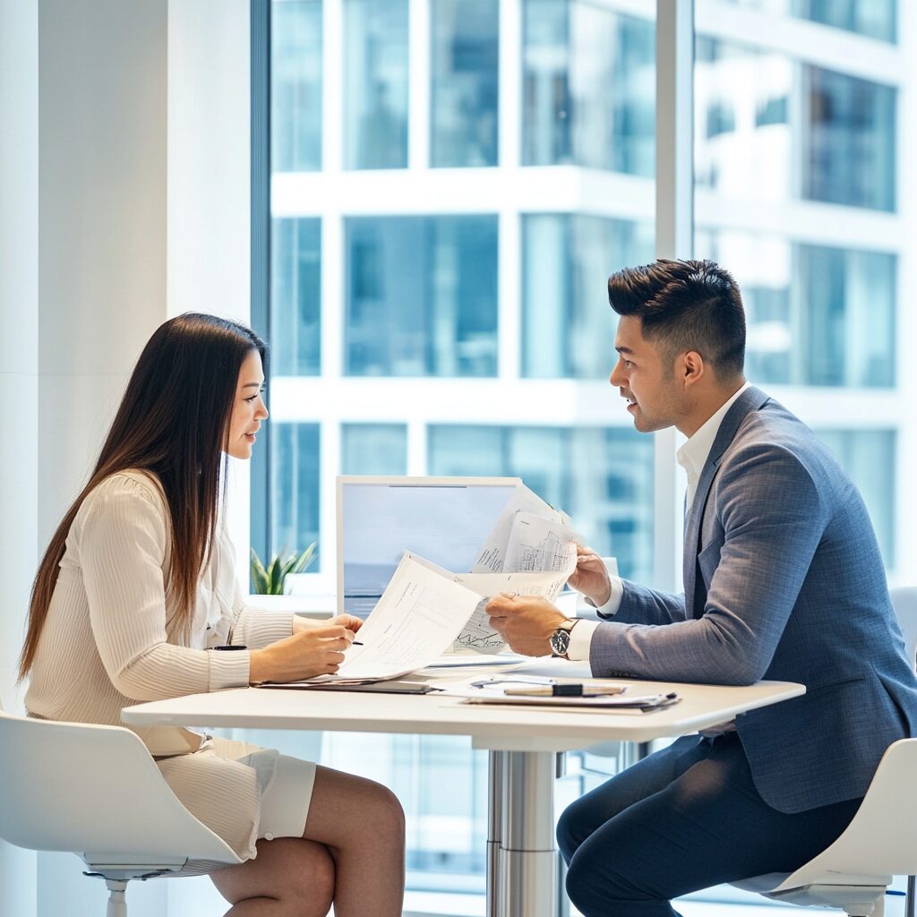 Two business professionals discussing documents in a modern office with large windows and city views.