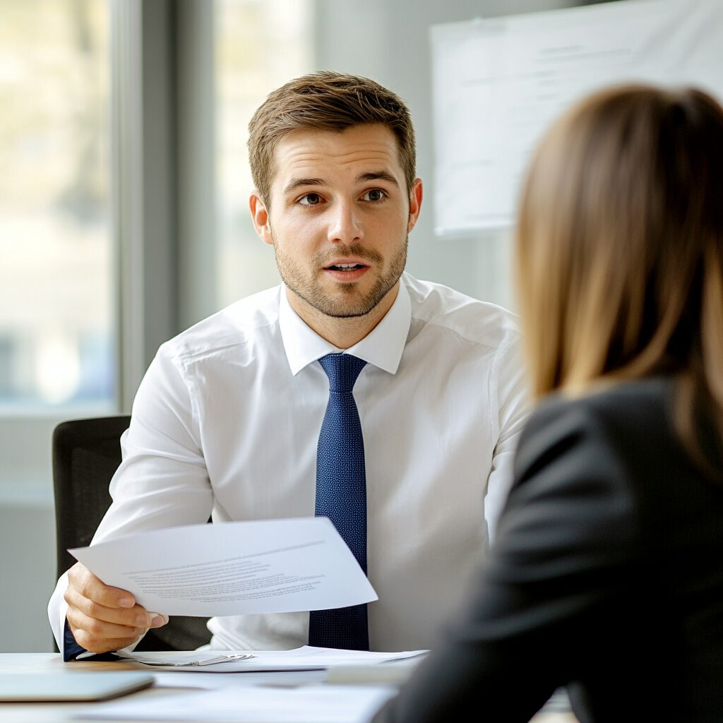 A young professional in a white shirt and blue tie discussing a document during a workplace meeting.