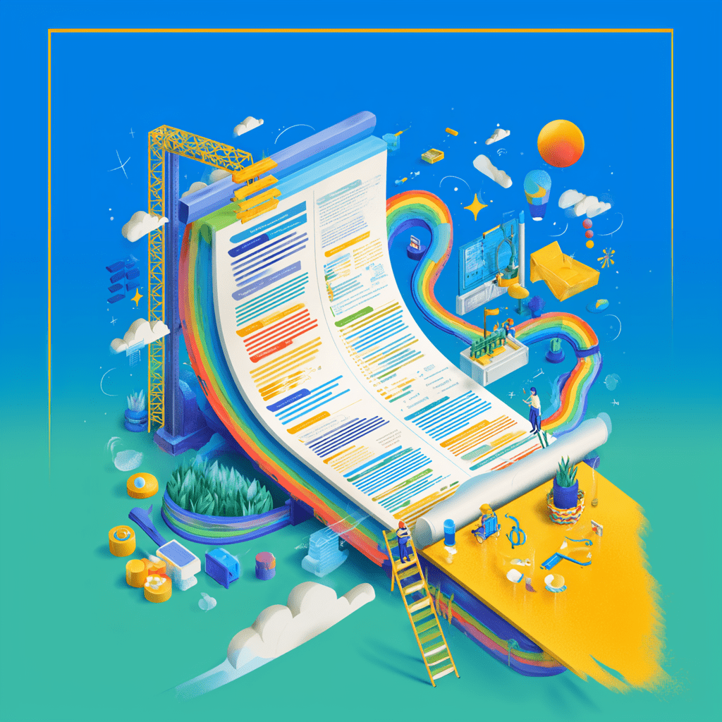 A colourful animated illustration of a giant performance improvement plan document unrolling like a rainbow path, surrounded by miniature workers, office elements, and symbolic tools representing both progress and risk.