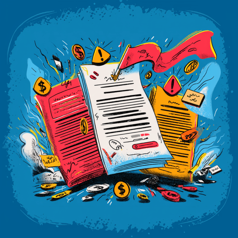 A colourful animated illustration of three employment contract pages surrounded by warning icons, red flags, and flying dollar signs, symbolizing costly contract clauses.