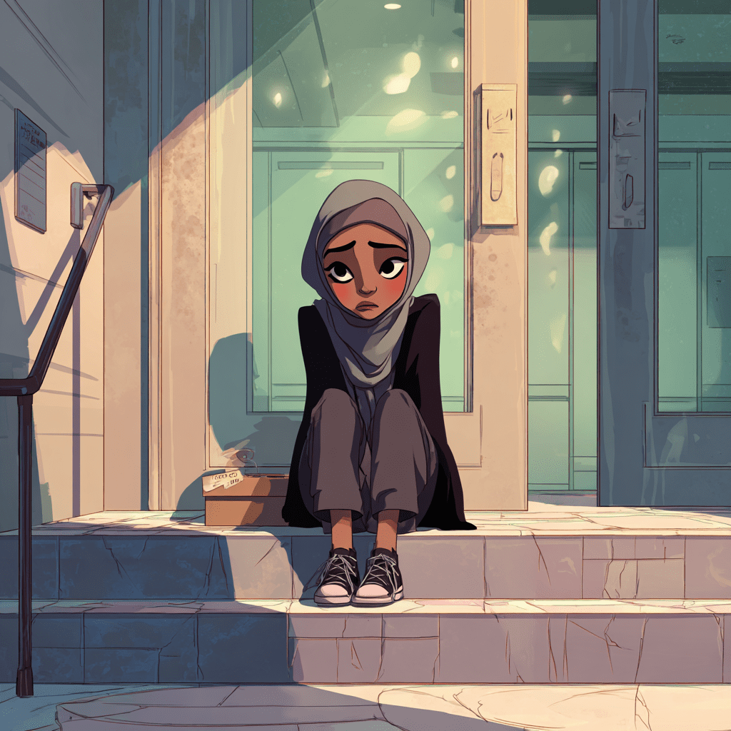 An animated illustration of a Black woman wearing a hijab sitting on the steps outside an office building, looking sad, with a small box of personal belongings beside her.