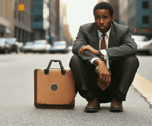 Man laid off sad in street.