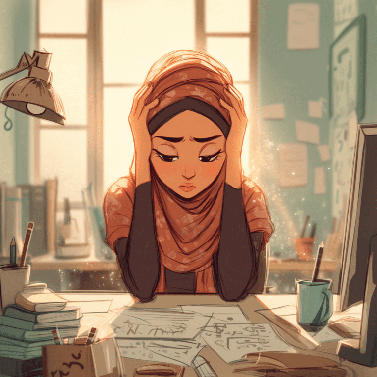 An animated illustration of a woman wearing a hijab sitting at an office desk with her hands on her head, looking down in stress. Papers, books, and a computer surround her in a softly lit workspace.