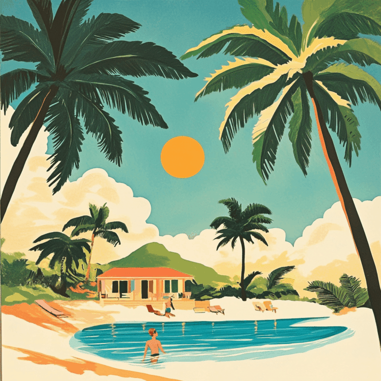 Illustrated tropical vacation scene with palm trees, a pool, and a relaxed setting symbolizing time off from work.