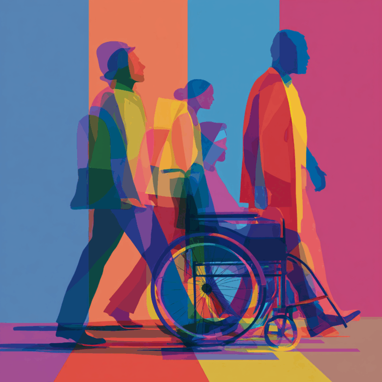 Diverse group of workers walking together, including a person using a wheelchair, representing workplace inclusion.