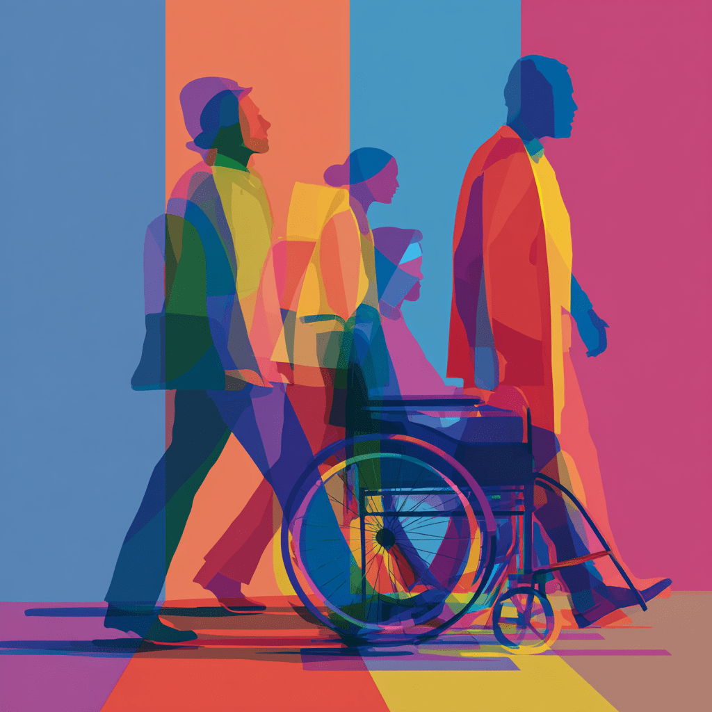 Diverse group of workers walking together, including a person using a wheelchair, representing workplace inclusion.