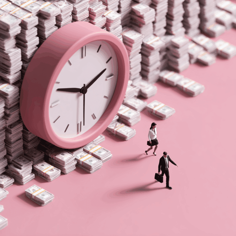 Large clock surrounded by stacks of money with employees walking past, symbolizing time, wages, and compensation.