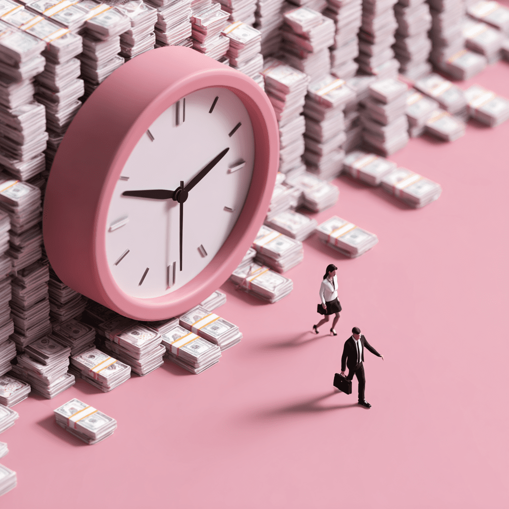 Large clock surrounded by stacks of money with employees walking past, symbolizing time, wages, and compensation.