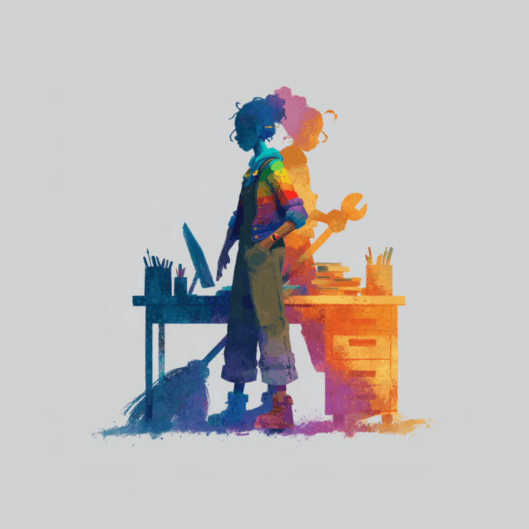 A colourful, stylized illustration of a queer-coded office worker standing confidently at a desk with a computer and pencils. Their rainbow-toned outfit contrasts with their orange-toned shadow, which is holding a large wrench, suggesting a completely different job. A broom leans below the desk, symbolizing a disconnect between expected and actual duties.