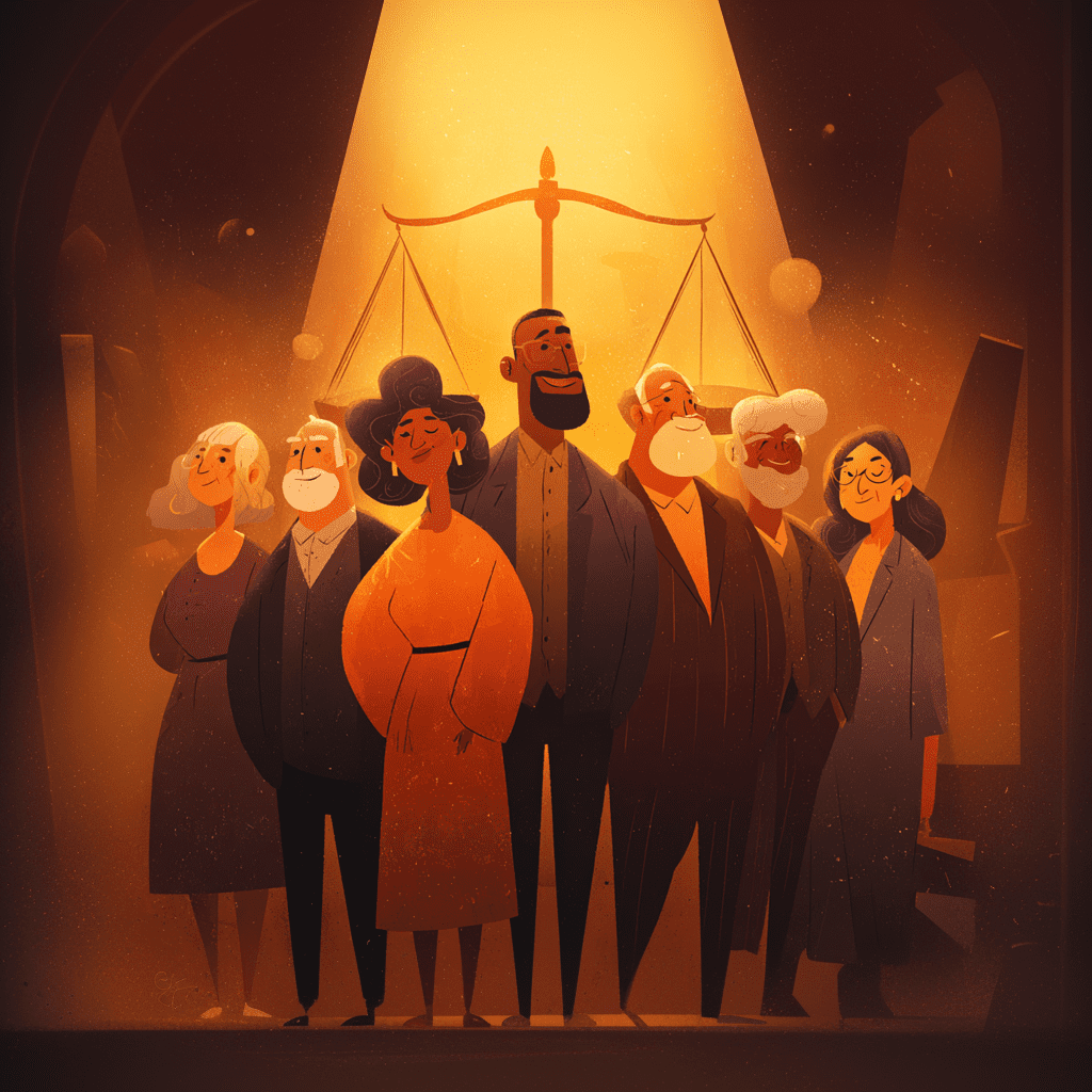 Animated illustration of a diverse group of older professionals standing proudly under a glowing scale of justice, symbolising fairness in severance for long-service employees.
