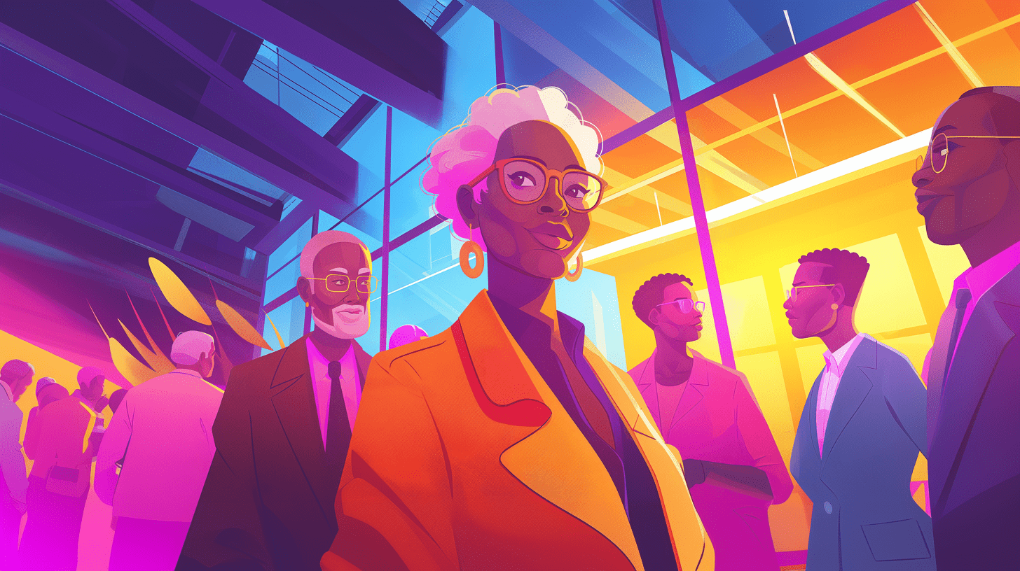 Animated illustration of confident older Black professionals in vibrant colours, standing in a modern office space, exuding strength and capability.