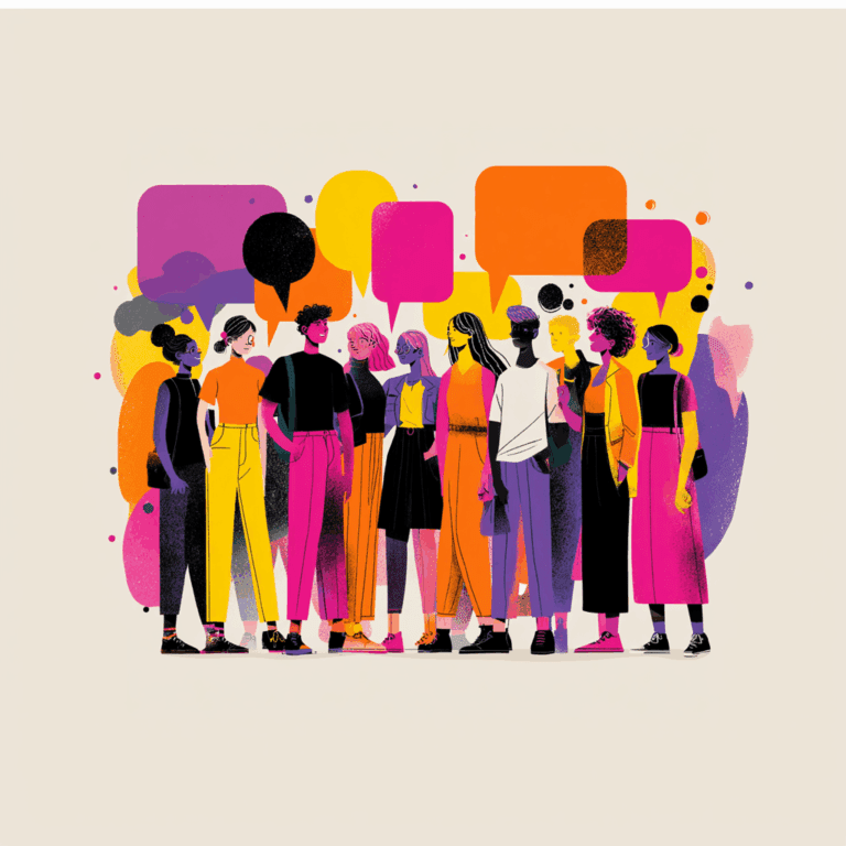 Animated illustration of a diverse group of employees in bold pink, orange, and purple tones, with overlapping speech bubbles symbolizing free speech and its limits in the workplace.