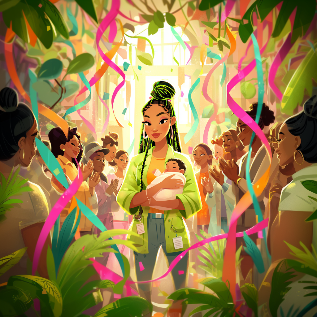 A confident Black woman with bright green braids holds her baby as she walks through a sunlit office lined with cheering co-workers and colourful streamers, celebrating her return from maternity leave.