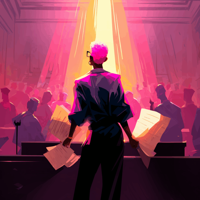 A queer Black person with bright pink hair stands in a courtroom, holding legal documents, facing a crowd, bathed in bold pink and golden light.