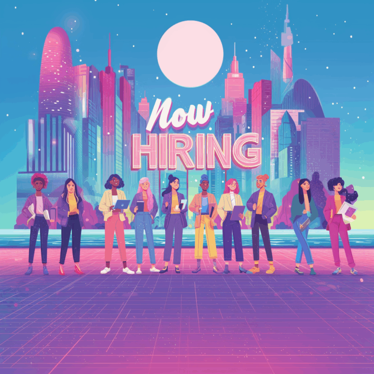 Animated illustration of diverse job seekers with colourful hair and bold outfits standing under a glowing “Now Hiring” sign in a vibrant cityscape.