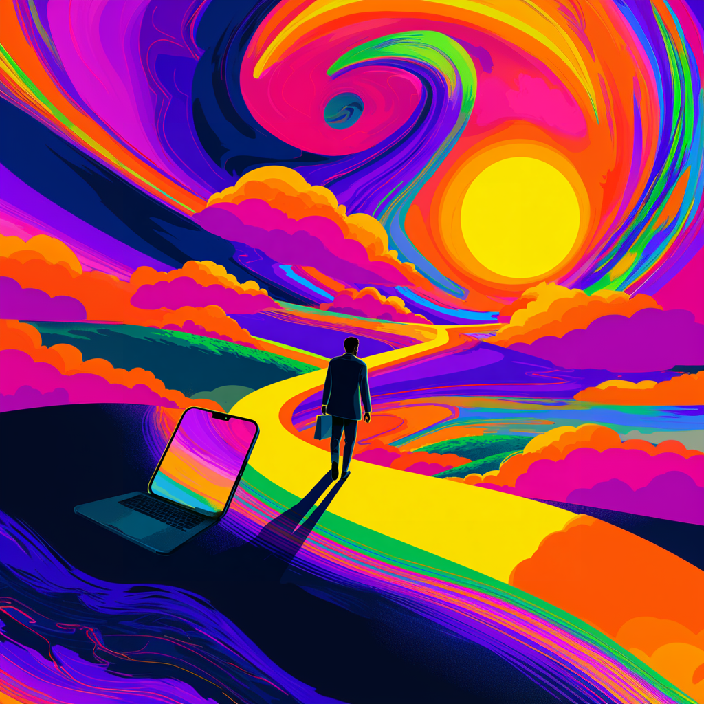 A Black queer person walking away from an open laptop toward a glowing yellow sun on a surreal rainbow-coloured path, symbolizing unplugging from work.