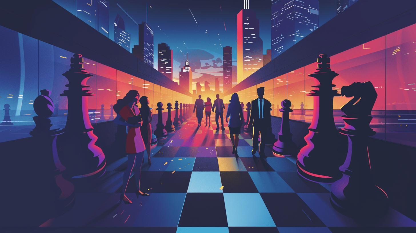 A group of professionals walks along a giant chessboard pathway suspended between city skyscrapers at sunset, symbolising strategic career transitions. The scene is vibrant, with bold colours and dramatic lighting.