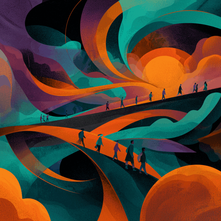 Abstract digital illustration of diverse silhouettes walking along a winding path toward a glowing orange sun, surrounded by swirling teal, purple, and orange shapes that symbolize transition and renewal.