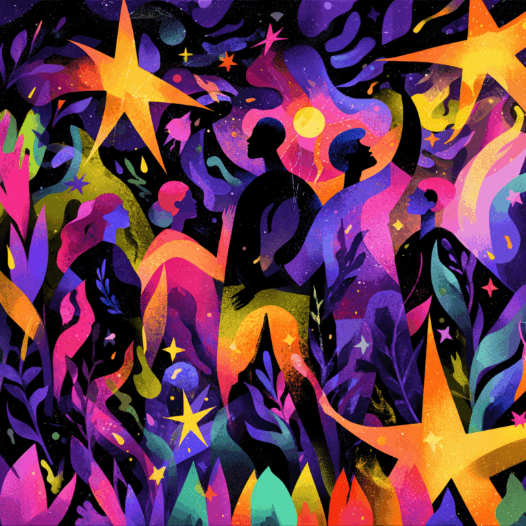 Abstract illustration of diverse people standing among vibrant cosmic shapes and stars, painted in bold purples, oranges, yellows, and pinks.
