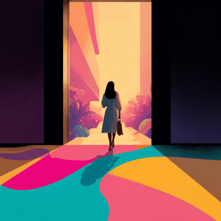 A woman in a light dress walks away from the viewer out of a dark office building toward a bright, colourful outdoor path in bold pink, purple, teal, and yellow tones.