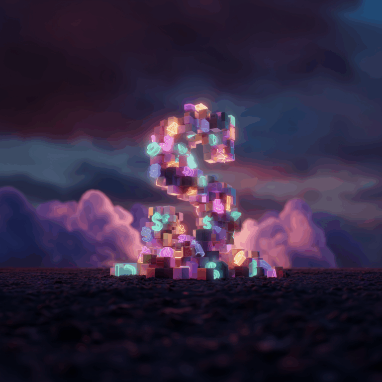 A whimsical abstract tower made of colourful 3D blocks glowing with neon dollar signs and symbols, stacked in a twisting shape against a dreamy purple-pink sky.