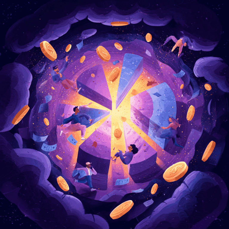 Whimsical illustration of a glowing pie chart surrounded by diverse people floating in a cosmic swirl of coins and banknotes, symbolizing fair bonus distribution and shared success.