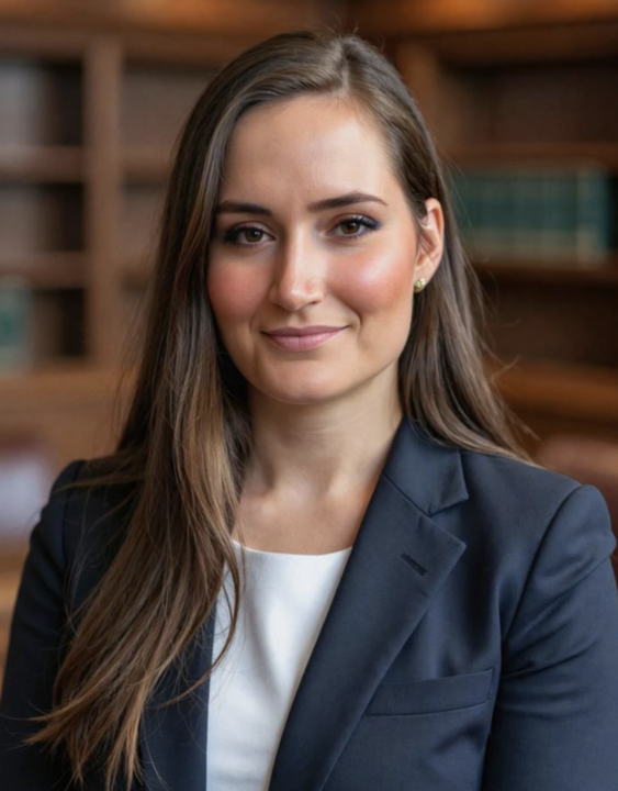 Stephanie McDonald, employment lawyer, standing in a law library wearing a professional suit.