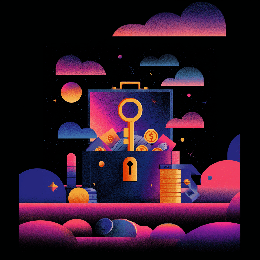 A colourful, surreal illustration of a glowing golden key unlocking a treasure chest filled with money icons, coins, and bills, surrounded by bold pink, purple, and blue clouds.