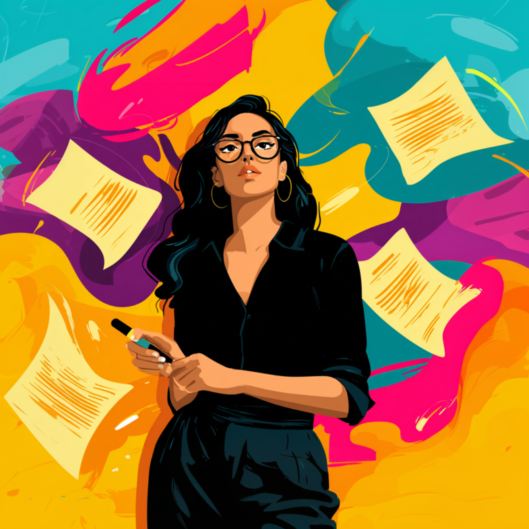 Animated illustration of a confident South Asian woman with a fuller figure holding a marker, standing in front of colourful swirling shapes in black, yellow, pink, teal, and purple, with severance-contract pages floating around her.