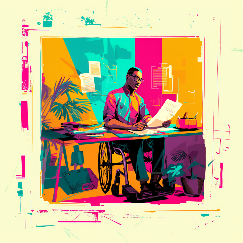 Illustration of a brown disabled man seated in a wheelchair at a desk, reviewing employment documents in a brightly coloured workspace, representing understanding federal employment rights.