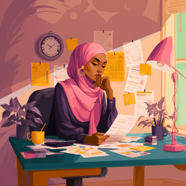 Illustration of a brown woman wearing a pink hijab seated at a desk, thoughtfully reviewing employment documents, with papers, a clock, and workplace notes pinned behind her, representing understanding employment rights.