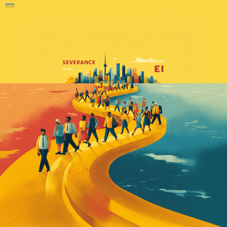 A colourful animated illustration of diverse workers walking along a bright winding pathway from “Severance” toward “EI,” with the Toronto skyline in the background and contrasting red and blue landscapes symbolizing financial transition.
