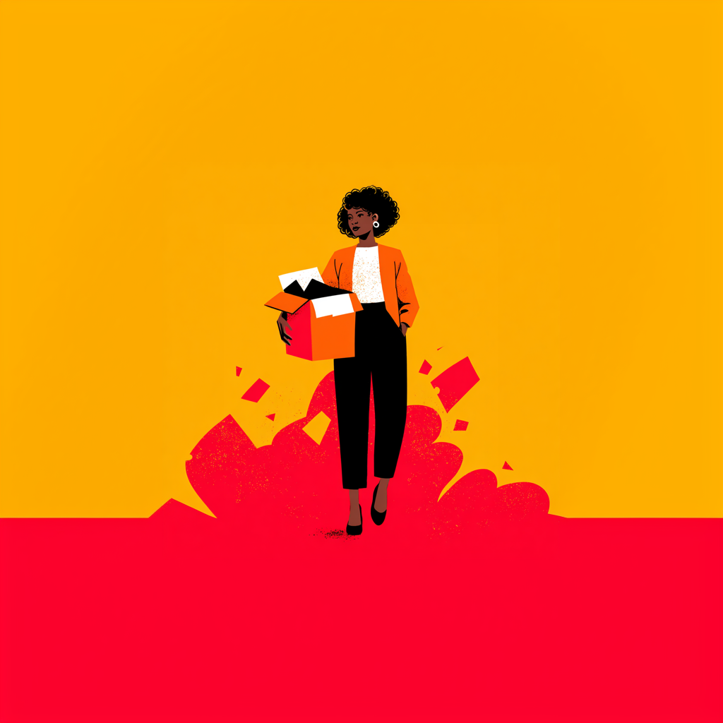 Illustrated woman holding a box of personal belongings after being dismissed from work, standing against a bold yellow and red background