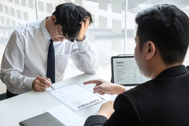 Stressed employee signing a contract while another person points to the document.