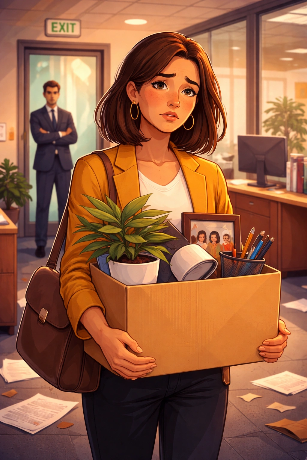 Employee carrying personal belongings from an office after job termination, symbolizing wrongful dismissal and workplace disputes.