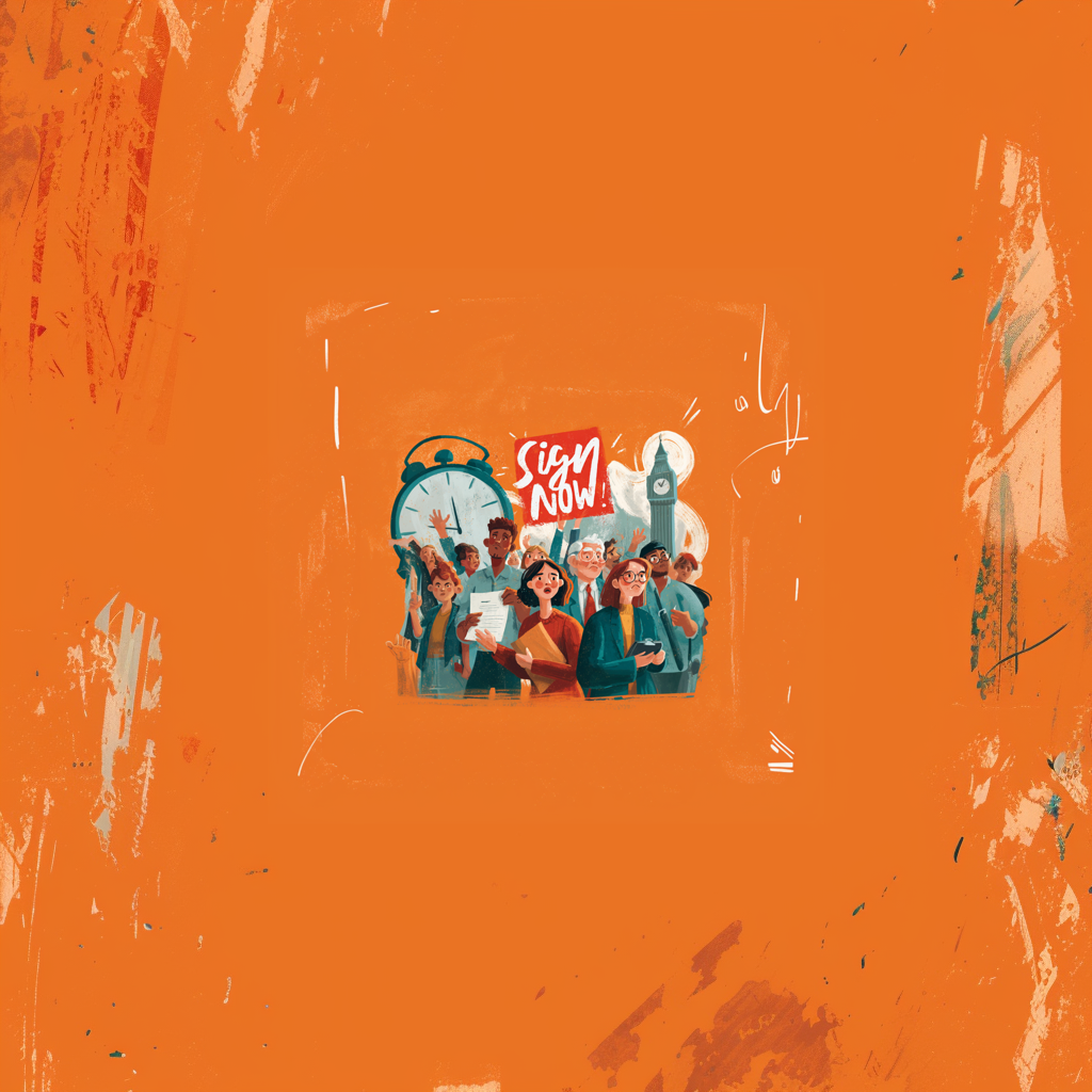 Illustration of a diverse group of employees looking stressed while holding severance papers, with a large clock behind them and a red sign reading “SIGN NOW,” symbolising pressure to accept a severance offer quickly.