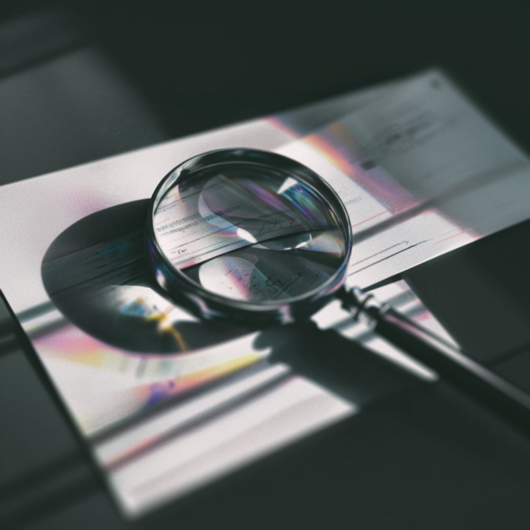 Receipt under a magnifying glass with one expense line distorted, symbolizing falsified expenses and dishonesty at work