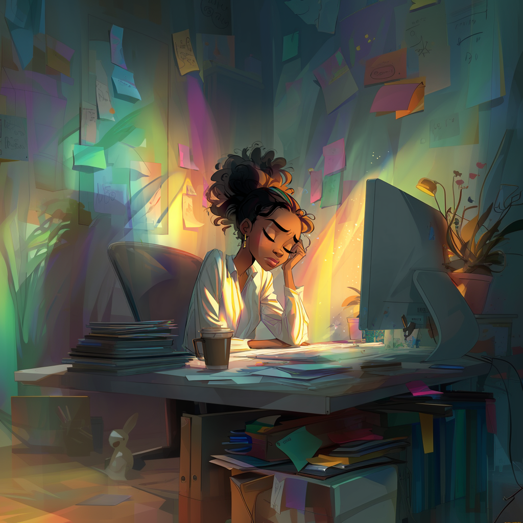 Animated illustration of a Black woman sitting at her desk looking exhausted and burned out, with papers, a computer, and colourful light surrounding her.