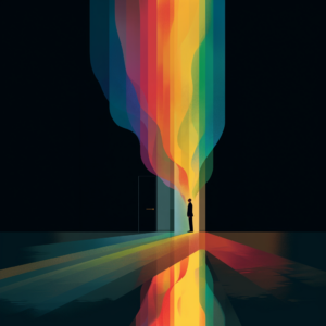 Animated illustration of a person standing in a doorway as colourful light pours out, symbolizing speaking up at work.
