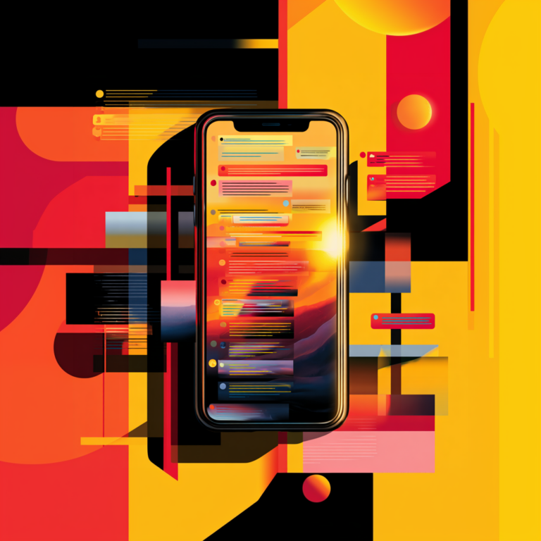 Animated illustration of a large smartphone displaying a fast moving social media comment thread, with bold red, yellow, and black abstract shapes suggesting escalation and legal consequences.