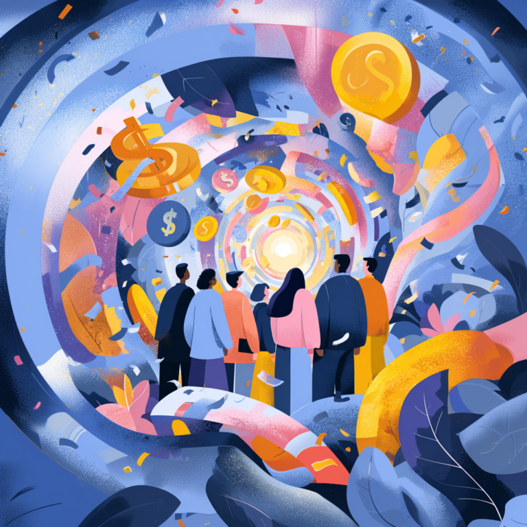 Illustration of a diverse group of workers standing together as dollar signs, coins, and financial symbols swirl overhead, representing uncertainty and financial fallout during employer bankruptcy