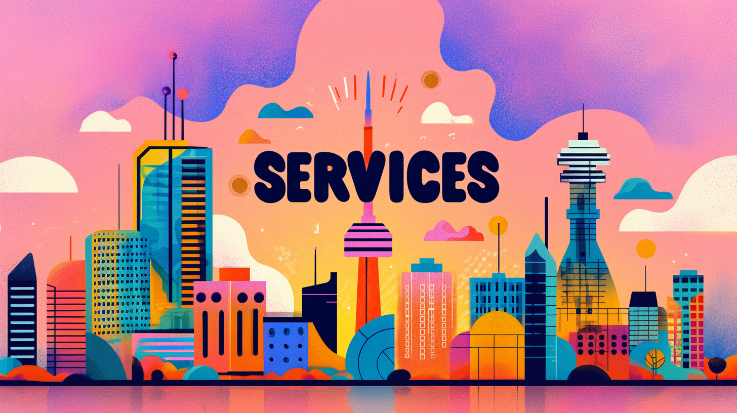 Cute illustrated Toronto skyline with the CN Tower and bold playful shapes, the word “SERVICES” centred in rounded lettering