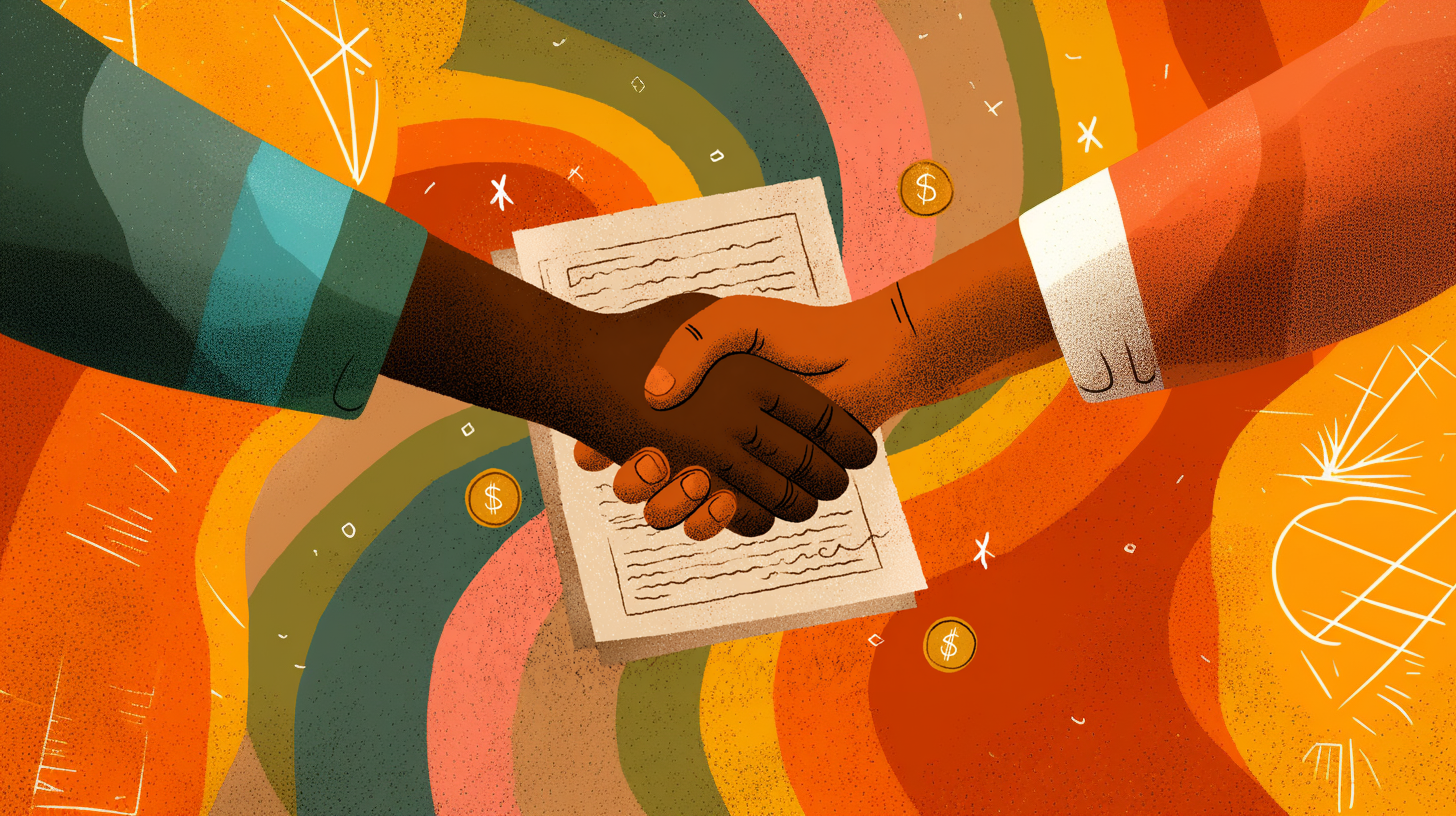 Parties to a deal shaking hands.