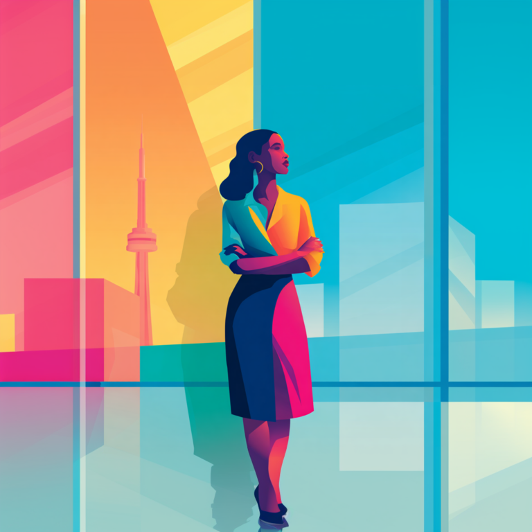 Confident professional standing in modern Toronto office, considering her employment law rights.