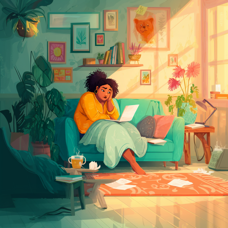 Employee sitting on a couch wrapped in a blanket, looking unwell while reviewing a document about medical leave in a colourful home environment.